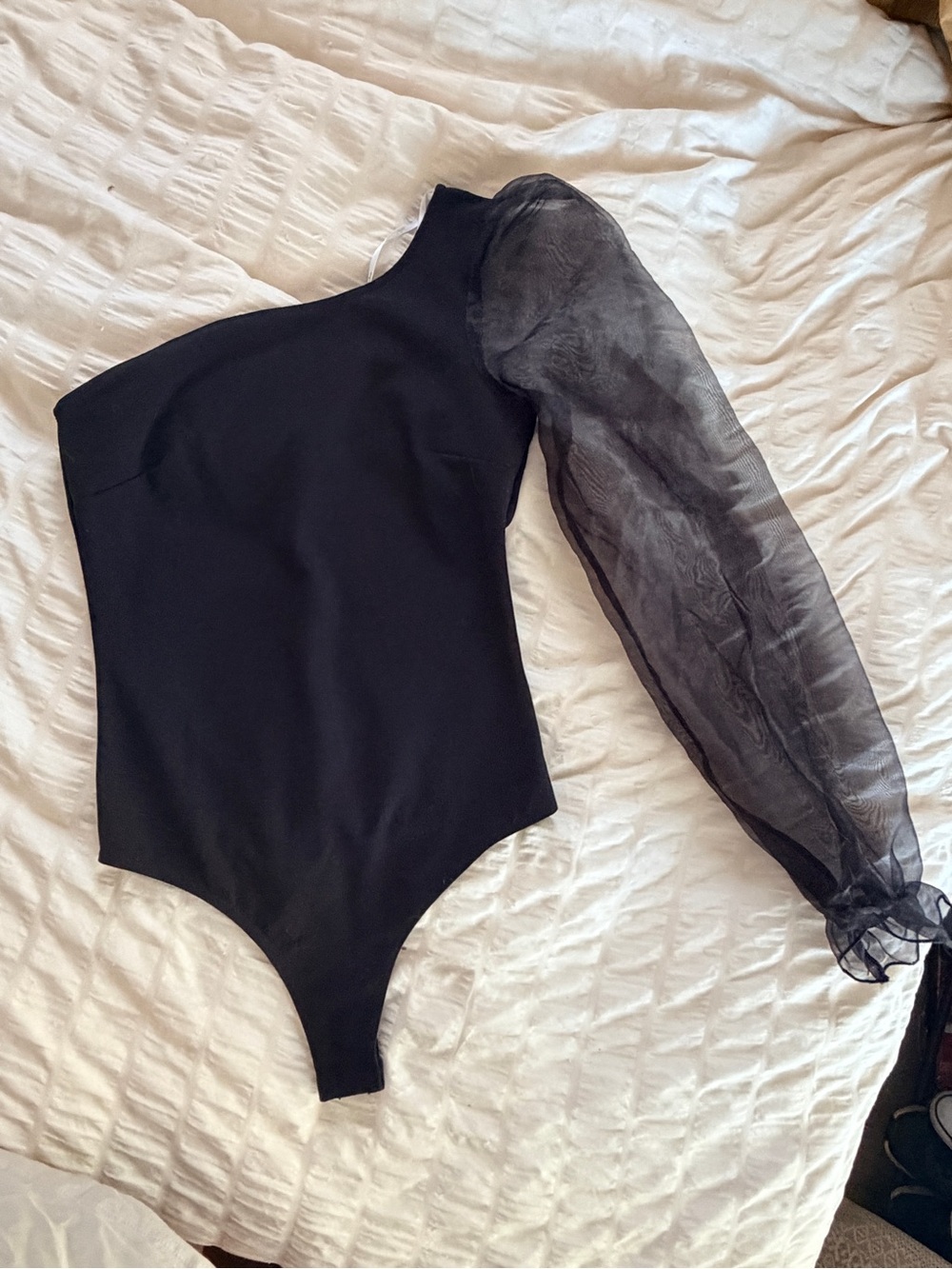 Black One-Shoulder Sheer Sleeve Bodysuit